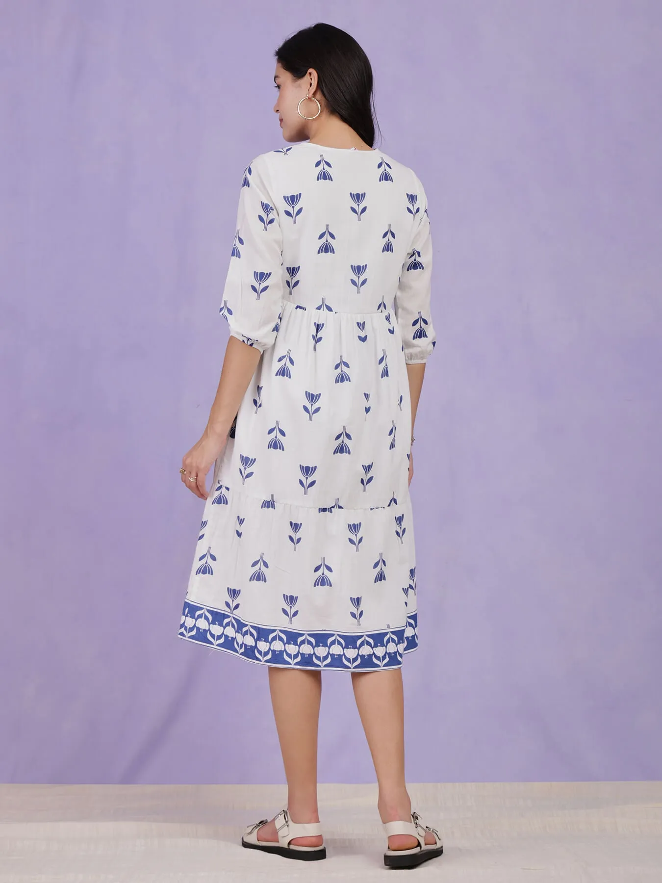 Cotton Floral Gathered Dress - Blue & White