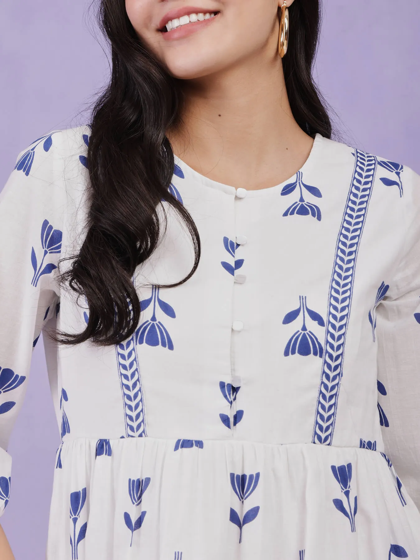 Cotton Floral Gathered Dress - Blue & White