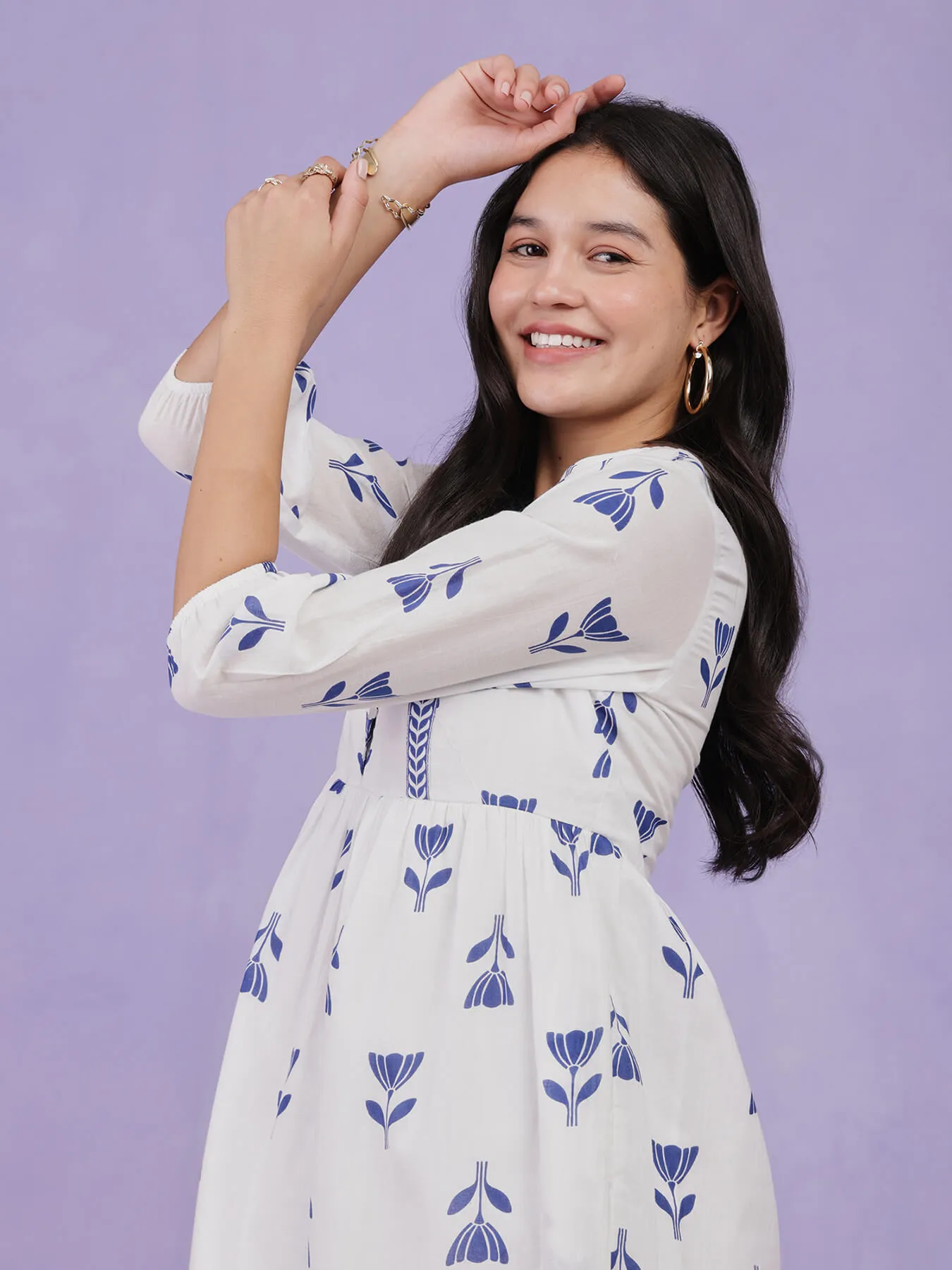 Cotton Floral Gathered Dress - Blue & White