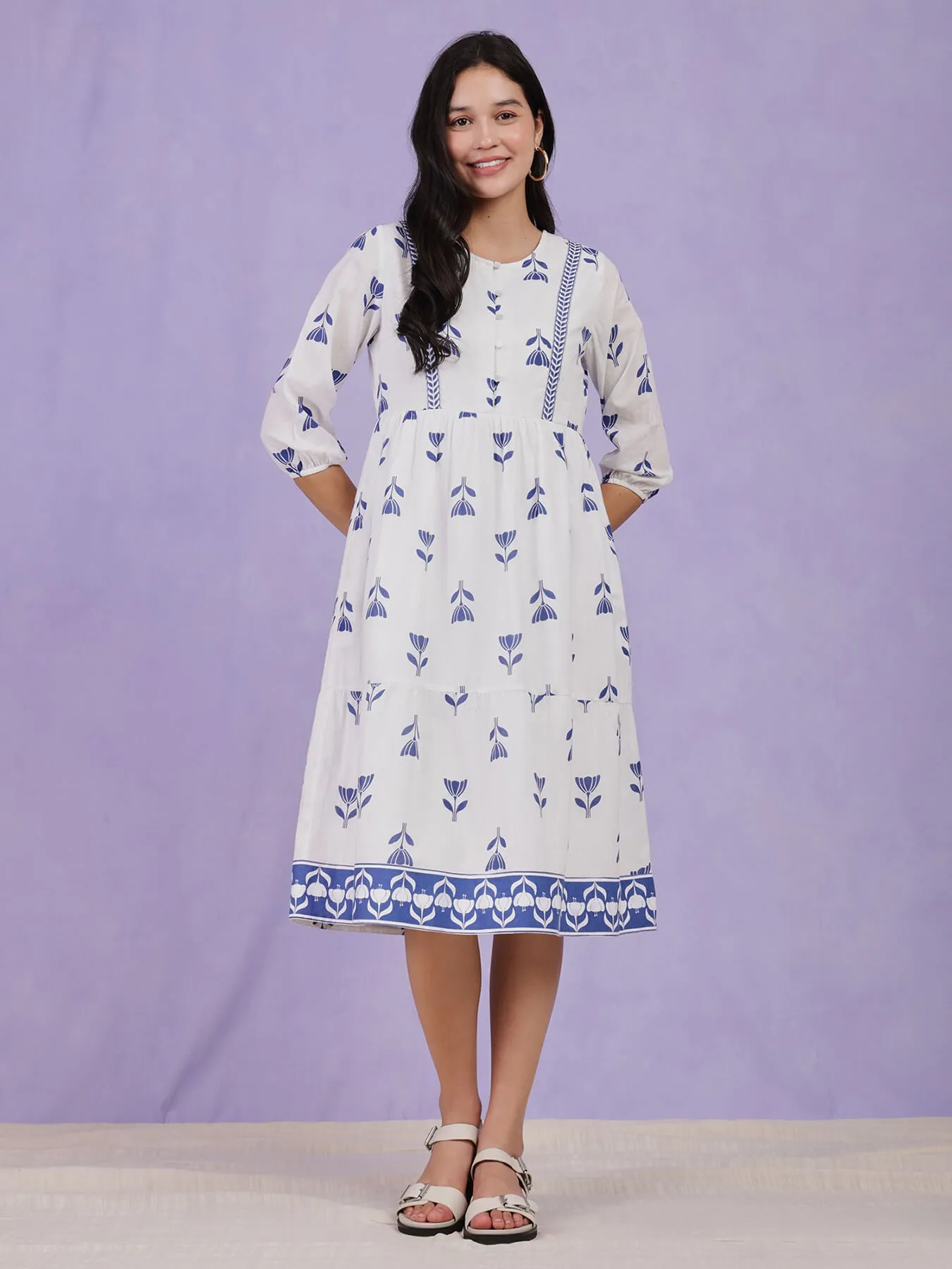 Cotton Floral Gathered Dress - Blue & White