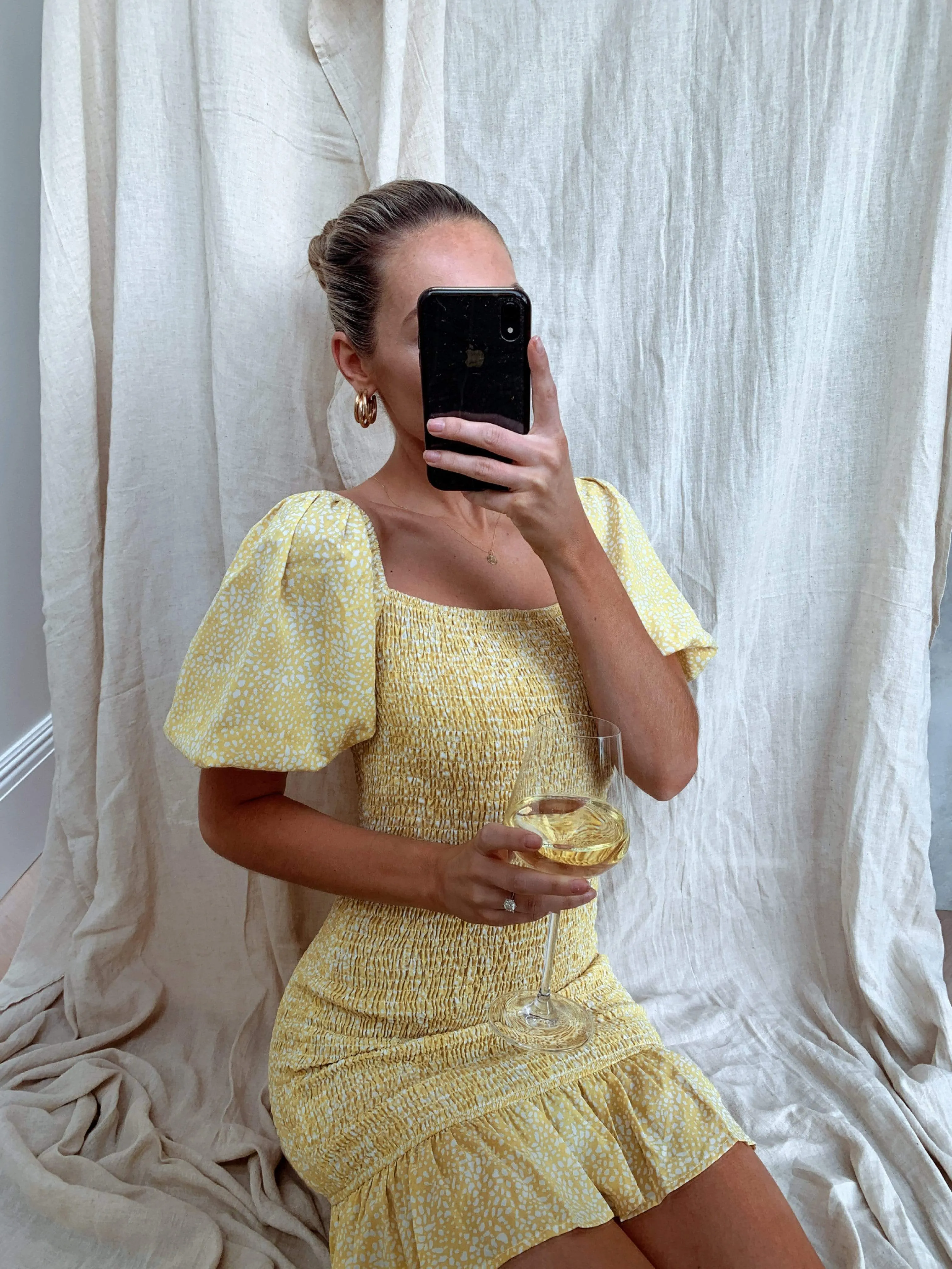 Libby Mini Shirred Dress - Lemon Spot
