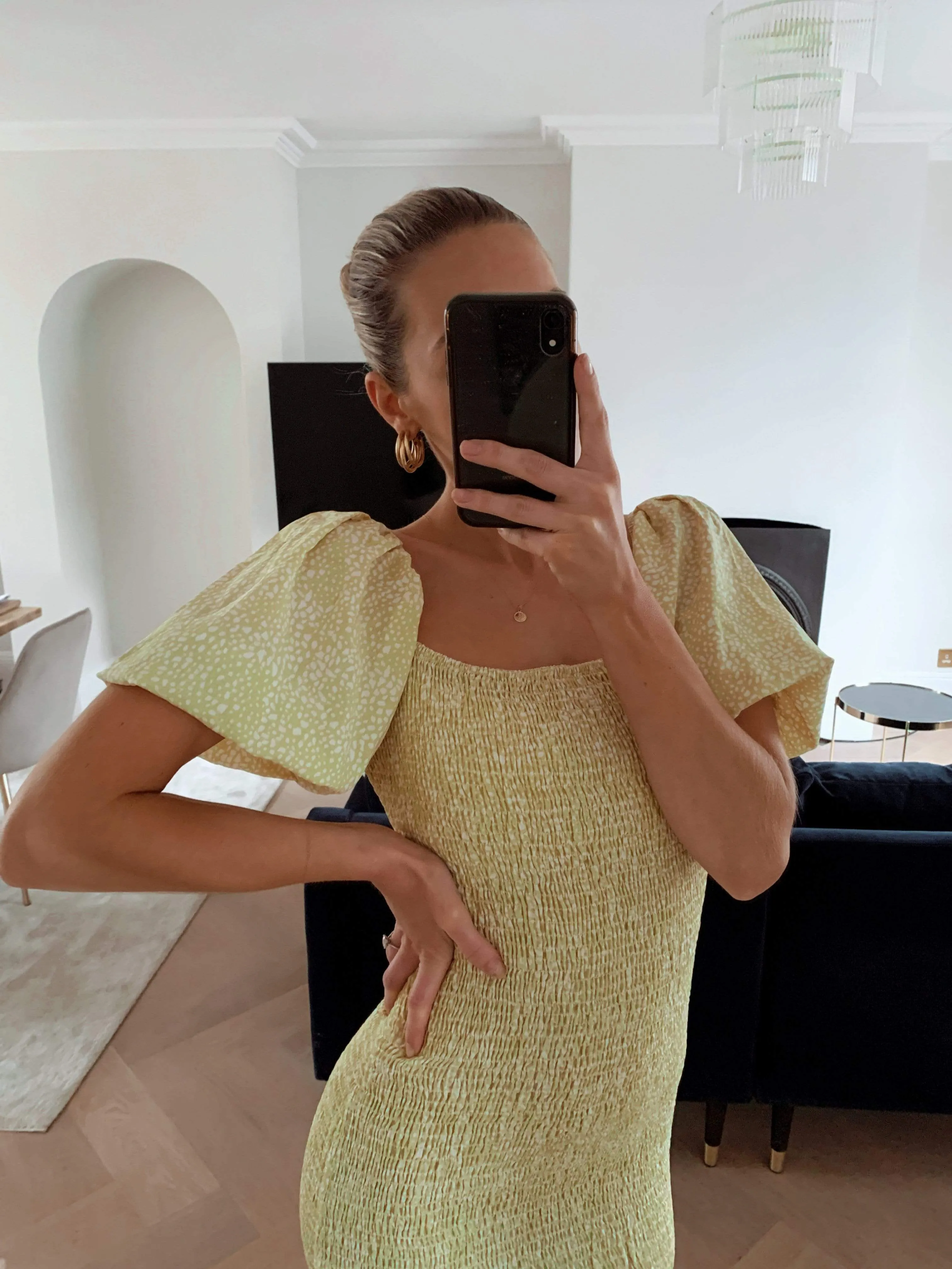 Libby Mini Shirred Dress - Lemon Spot