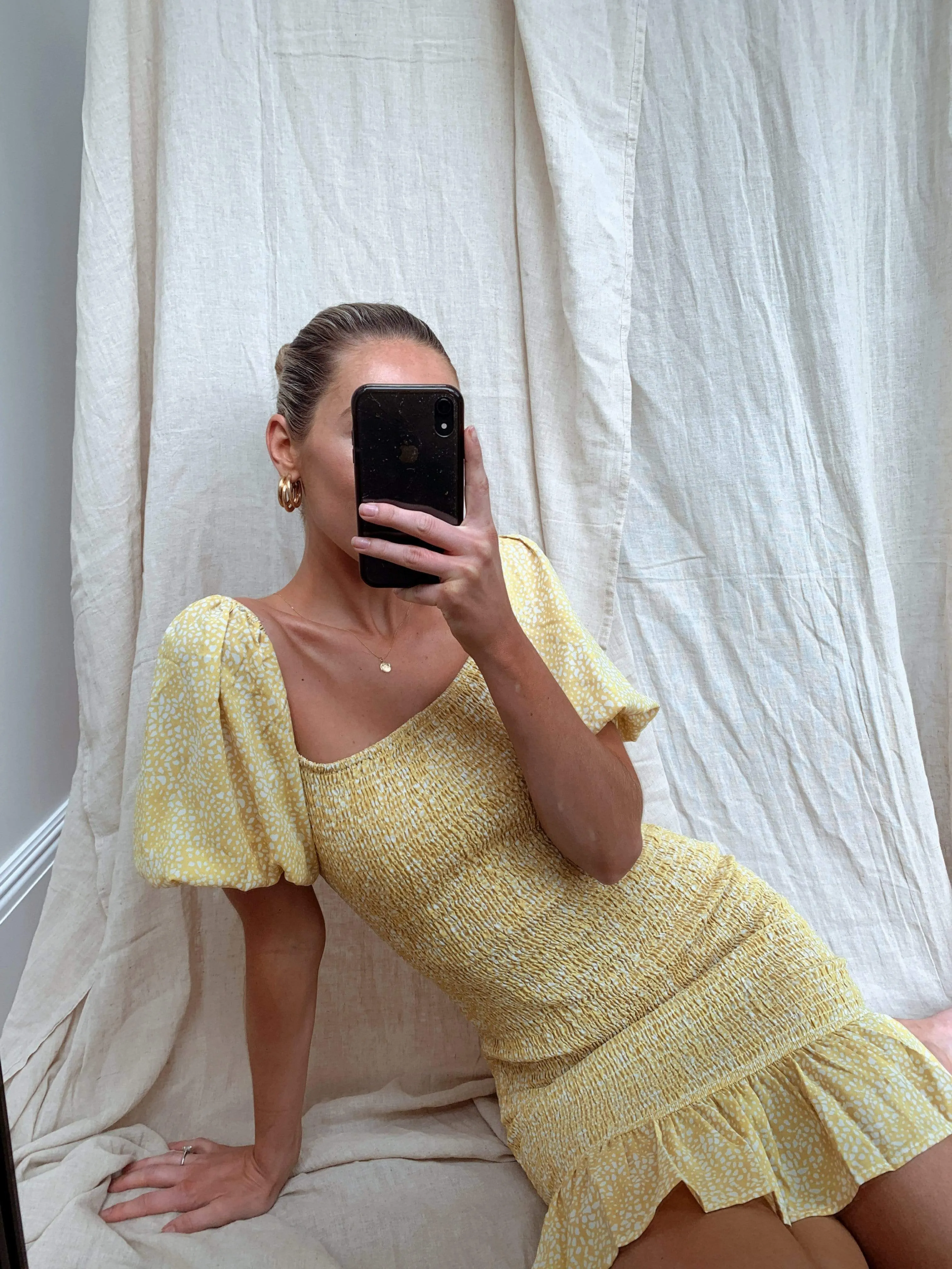 Libby Mini Shirred Dress - Lemon Spot