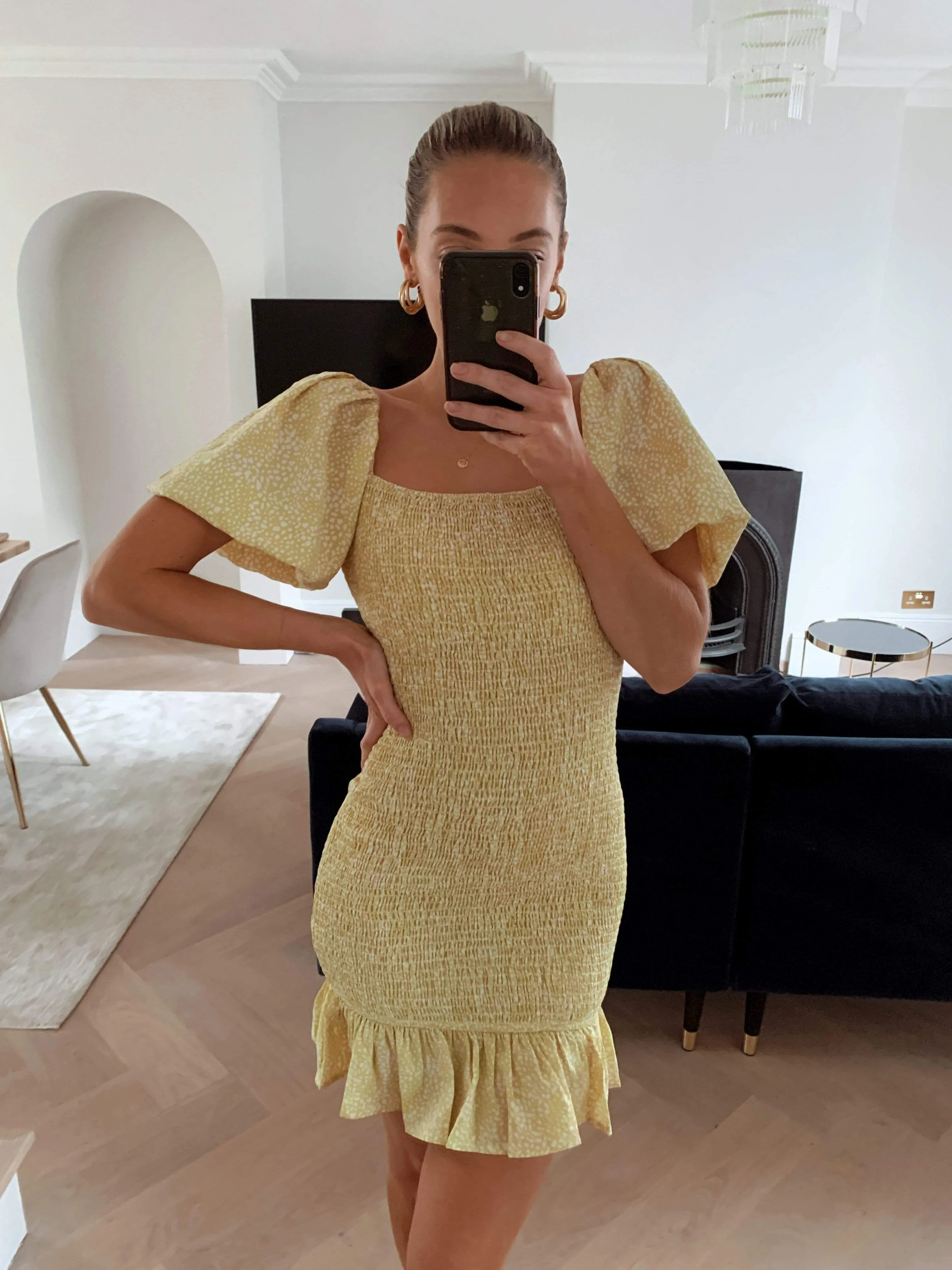 Libby Mini Shirred Dress - Lemon Spot
