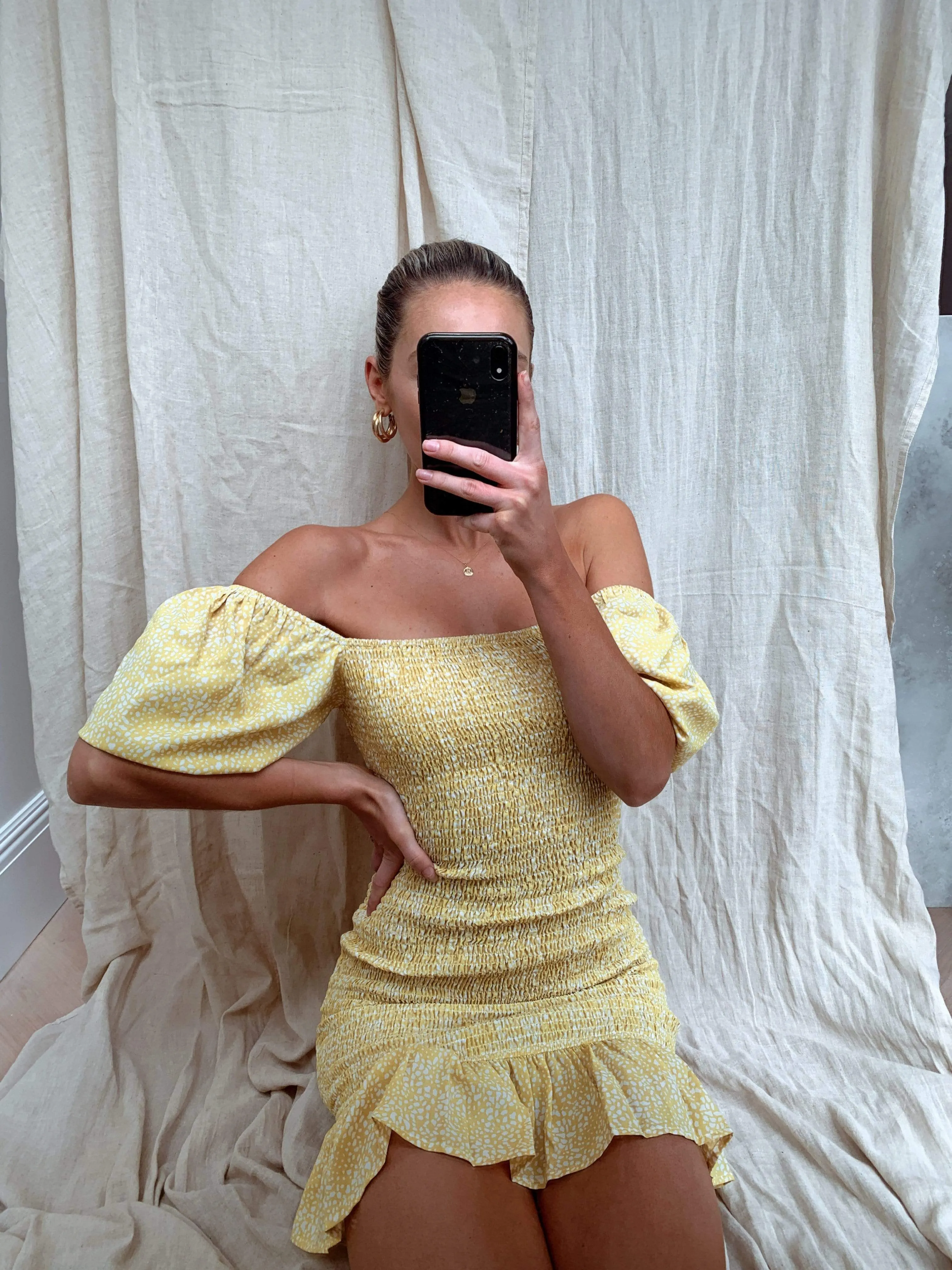 Libby Mini Shirred Dress - Lemon Spot