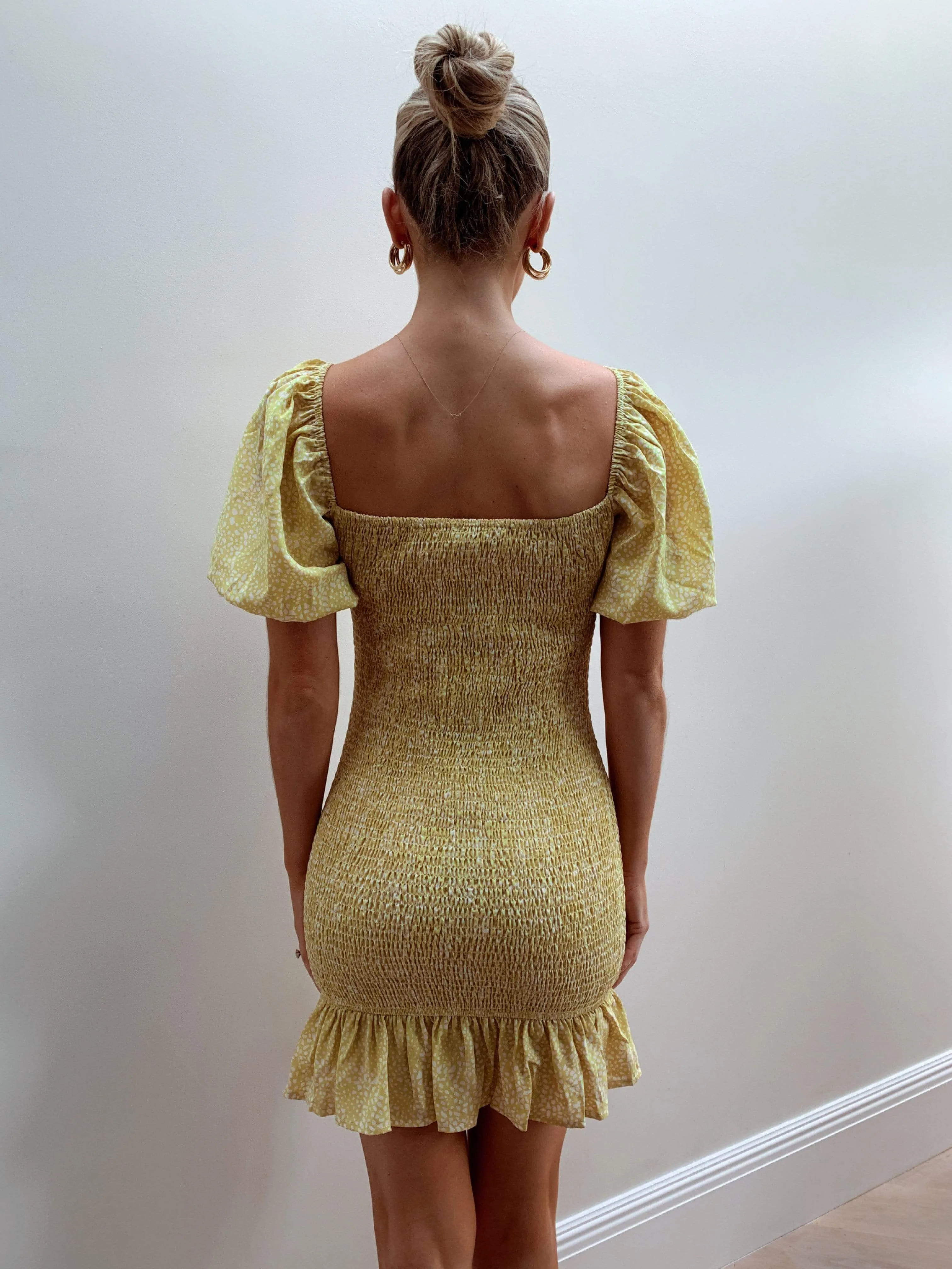 Libby Mini Shirred Dress - Lemon Spot