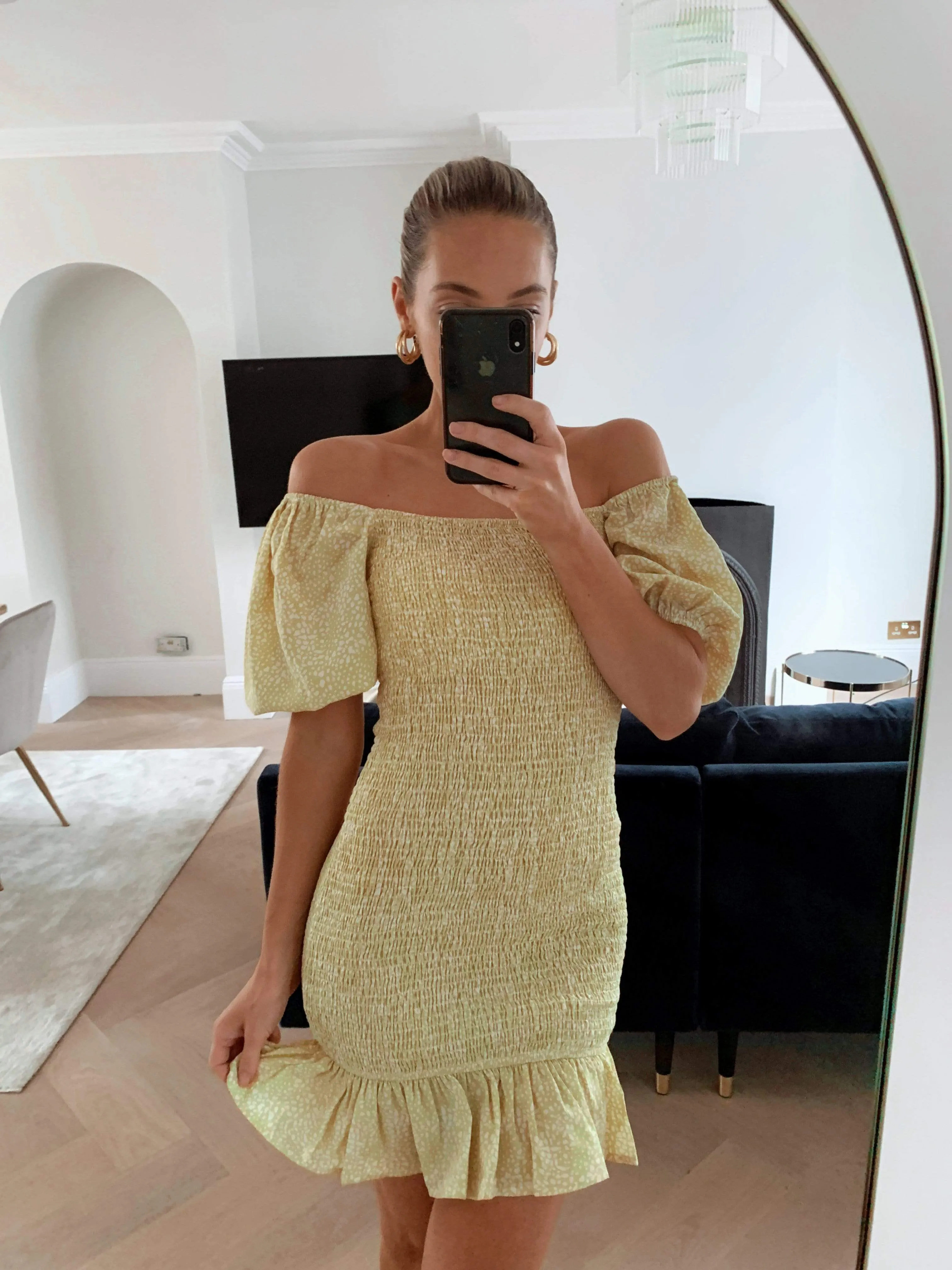 Libby Mini Shirred Dress - Lemon Spot