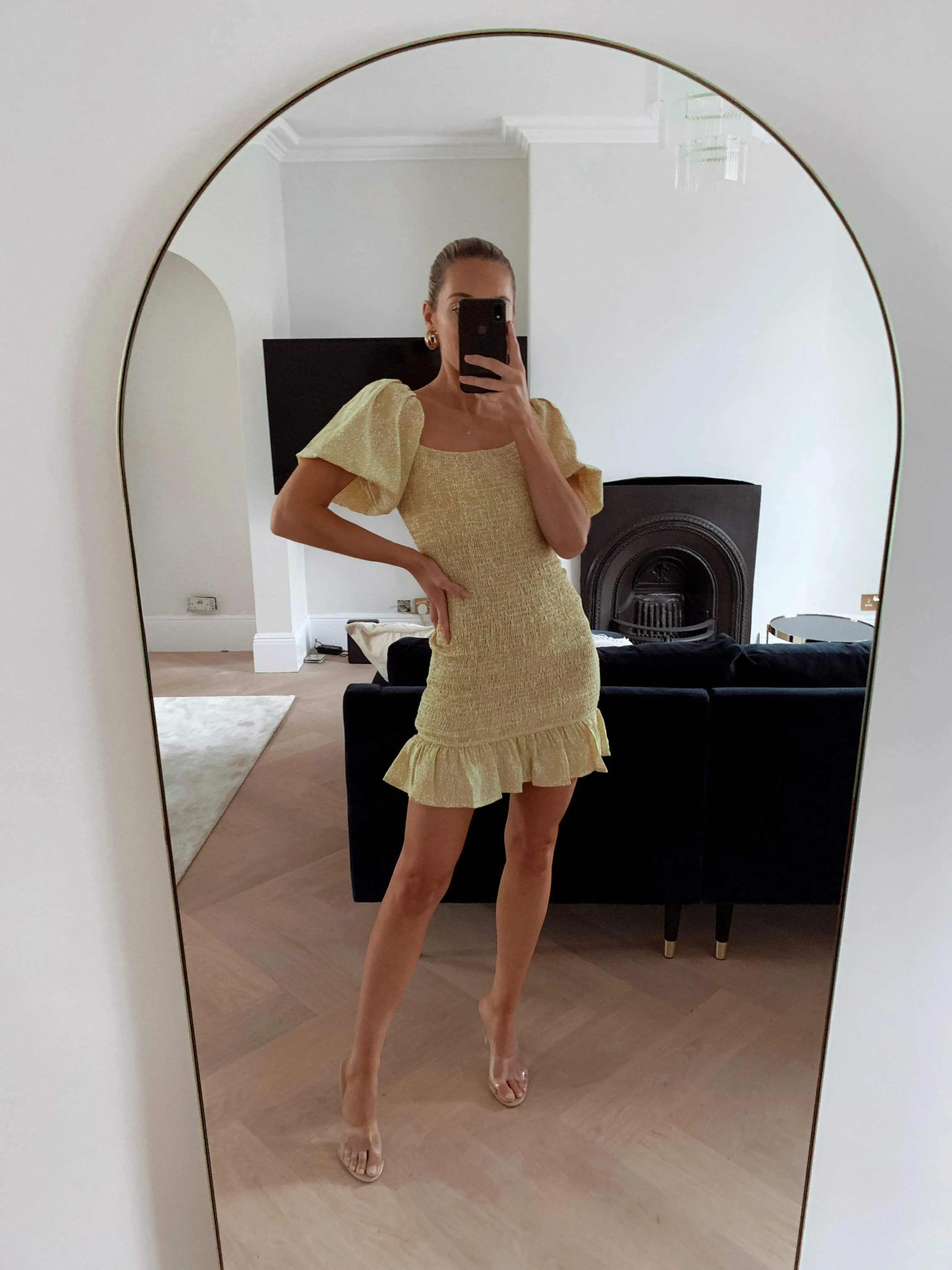 Libby Mini Shirred Dress - Lemon Spot