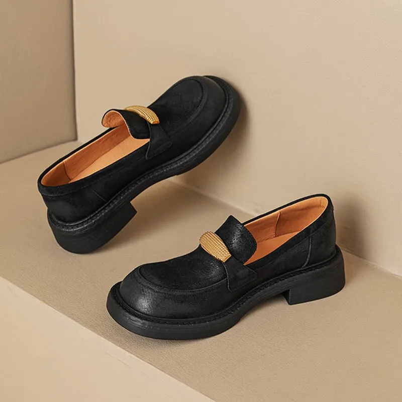 Low Block Heel Round Toe Leather Penny Loafers for Women in Brown/Black