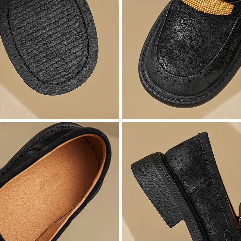 Low Block Heel Round Toe Leather Penny Loafers for Women in Brown/Black