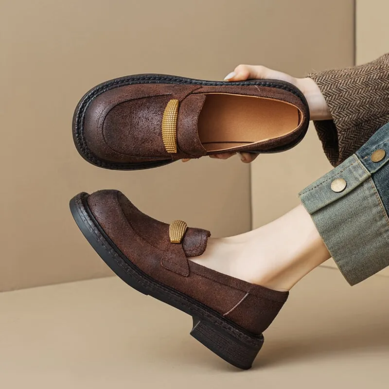 Low Block Heel Round Toe Leather Penny Loafers for Women in Brown/Black