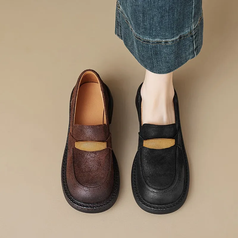 Low Block Heel Round Toe Leather Penny Loafers for Women in Brown/Black
