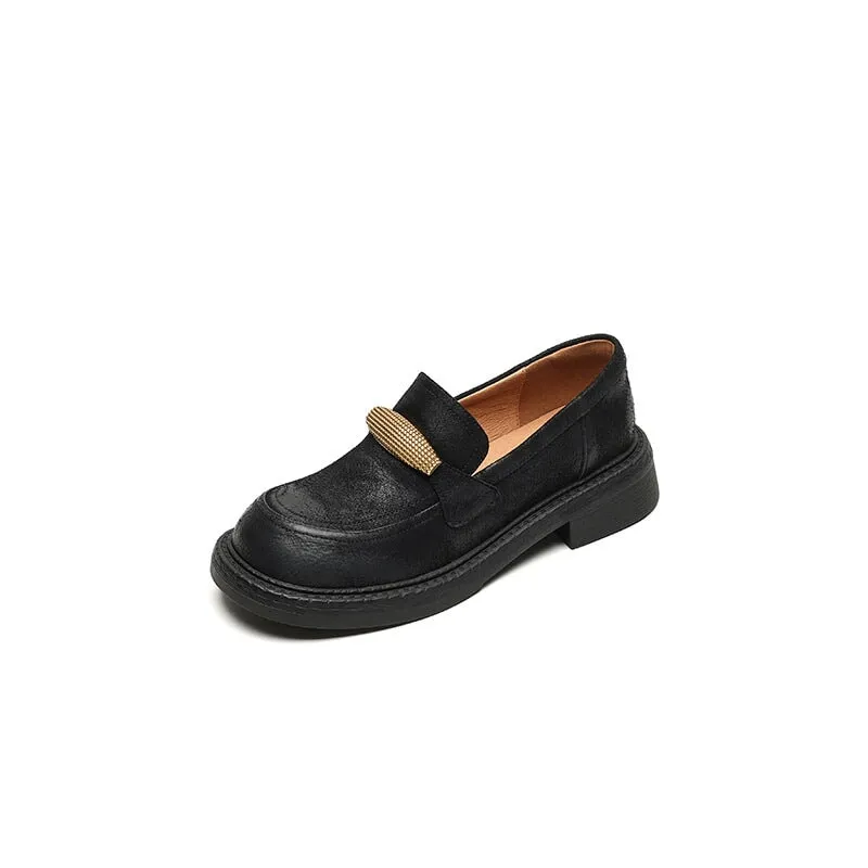 Low Block Heel Round Toe Leather Penny Loafers for Women in Brown/Black