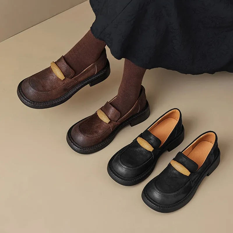 Low Block Heel Round Toe Leather Penny Loafers for Women in Brown/Black