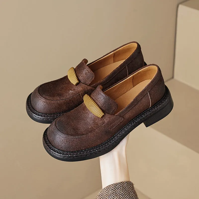 Low Block Heel Round Toe Leather Penny Loafers for Women in Brown/Black