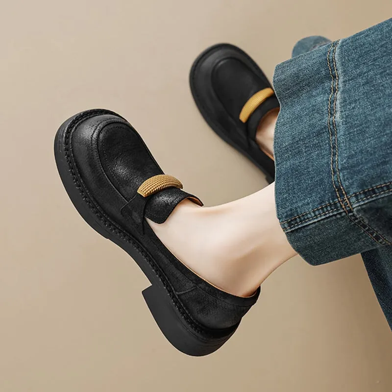Low Block Heel Round Toe Leather Penny Loafers for Women in Brown/Black