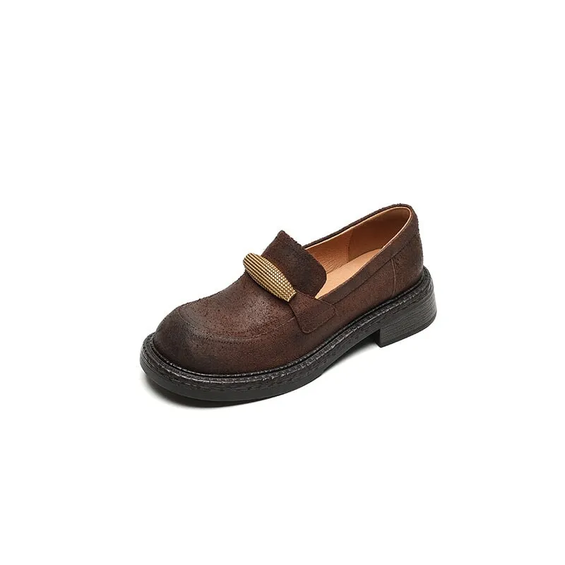 Low Block Heel Round Toe Leather Penny Loafers for Women in Brown/Black