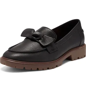 Lucky Brand Tamio Black Leather Moccasin Flat Knot Bow Detail Lug Sole Loafers
