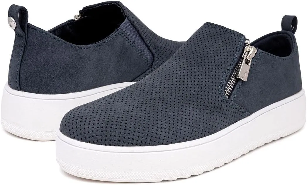 Nautica Women's Slip-On Fashion Sneakers with Side Zipper  Comfortable Low-Top Walking Shoes for Casual Everyday Wear