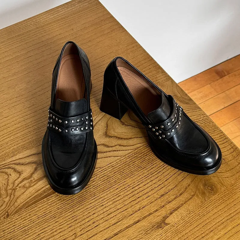 Round Toe 75mm Block Heel Leather Penny Loafers for Women with Rivets in Brown/Black