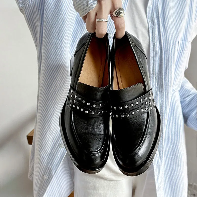 Round Toe 75mm Block Heel Leather Penny Loafers for Women with Rivets in Brown/Black