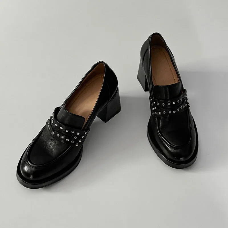 Round Toe 75mm Block Heel Leather Penny Loafers for Women with Rivets in Brown/Black