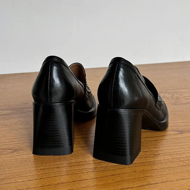 Round Toe 75mm Block Heel Leather Penny Loafers for Women with Rivets in Brown/Black