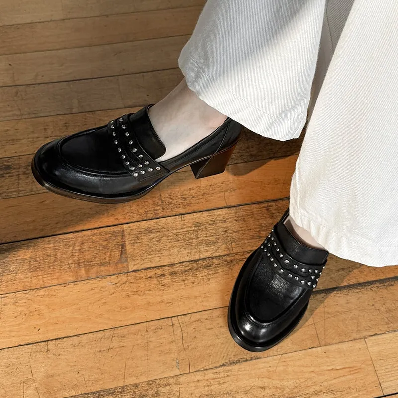 Round Toe 75mm Block Heel Leather Penny Loafers for Women with Rivets in Brown/Black