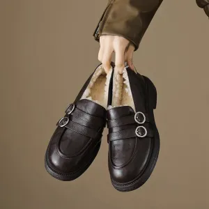 Shearling Lined Block Heel Sheepskin Leather Loafers with Double Buckle Design Black/Brown