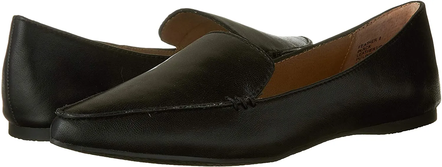 Steve Madden Feather Black Leather Pointed Closed Toe Slip On Flat Loafer