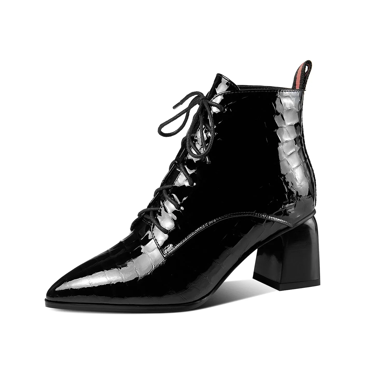 TinaCus Patent Leather Women's Handmade Pointed Toe Block Heel Lace Up Stylish Ankle Booties