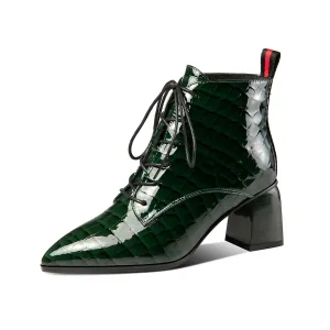 TinaCus Patent Leather Women's Handmade Pointed Toe Block Heel Lace Up Stylish Ankle Booties