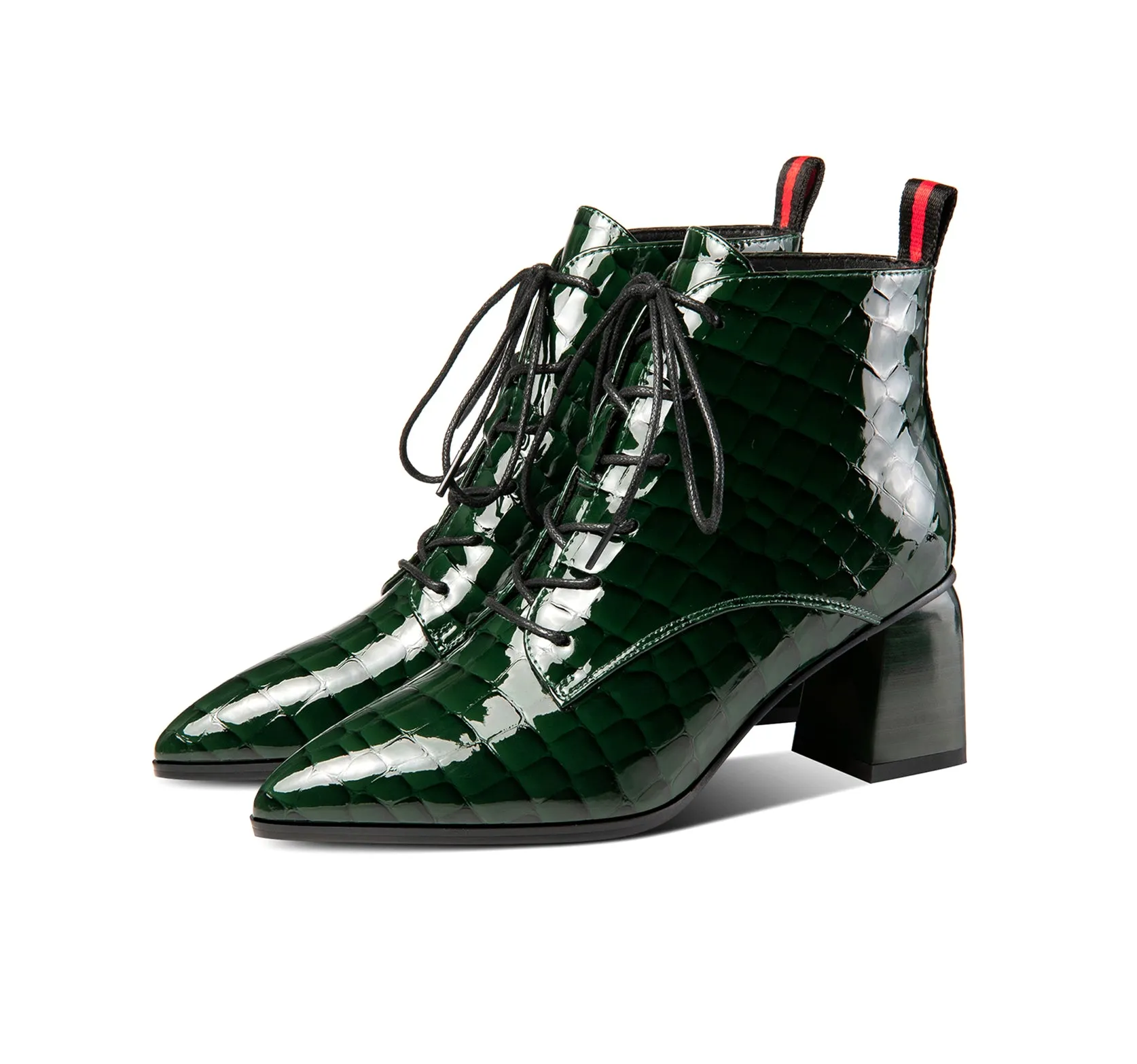 TinaCus Patent Leather Women's Handmade Pointed Toe Block Heel Lace Up Stylish Ankle Booties