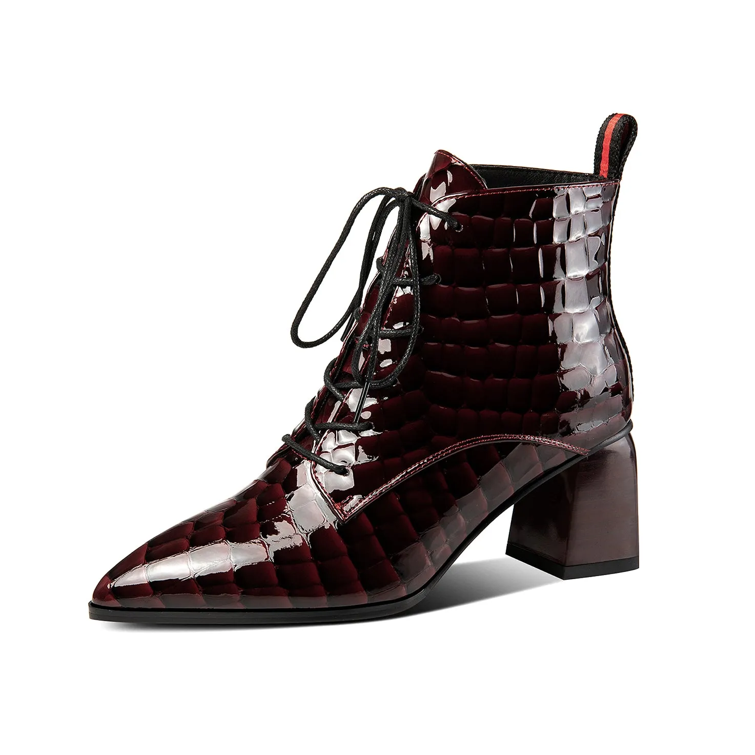 TinaCus Patent Leather Women's Handmade Pointed Toe Block Heel Lace Up Stylish Ankle Booties