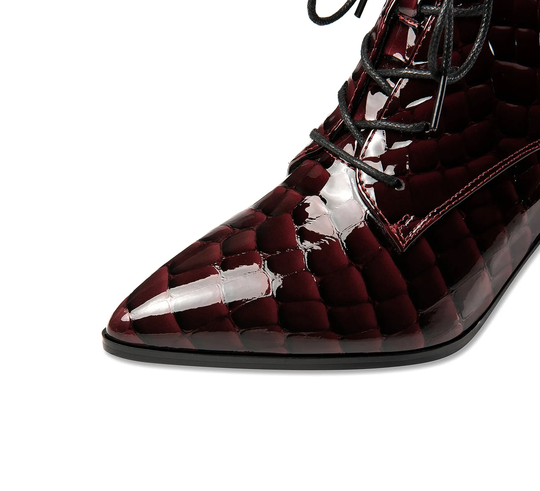 TinaCus Patent Leather Women's Handmade Pointed Toe Block Heel Lace Up Stylish Ankle Booties