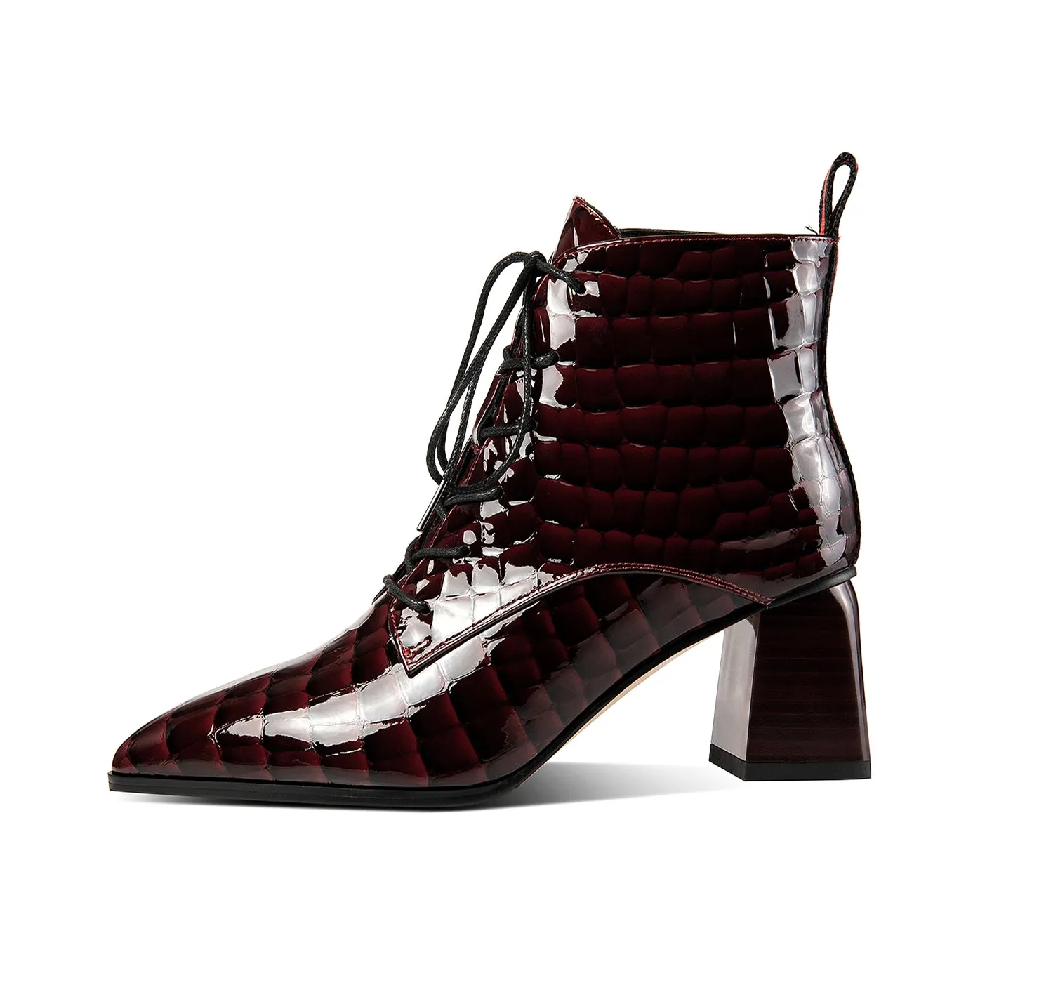 TinaCus Patent Leather Women's Handmade Pointed Toe Block Heel Lace Up Stylish Ankle Booties