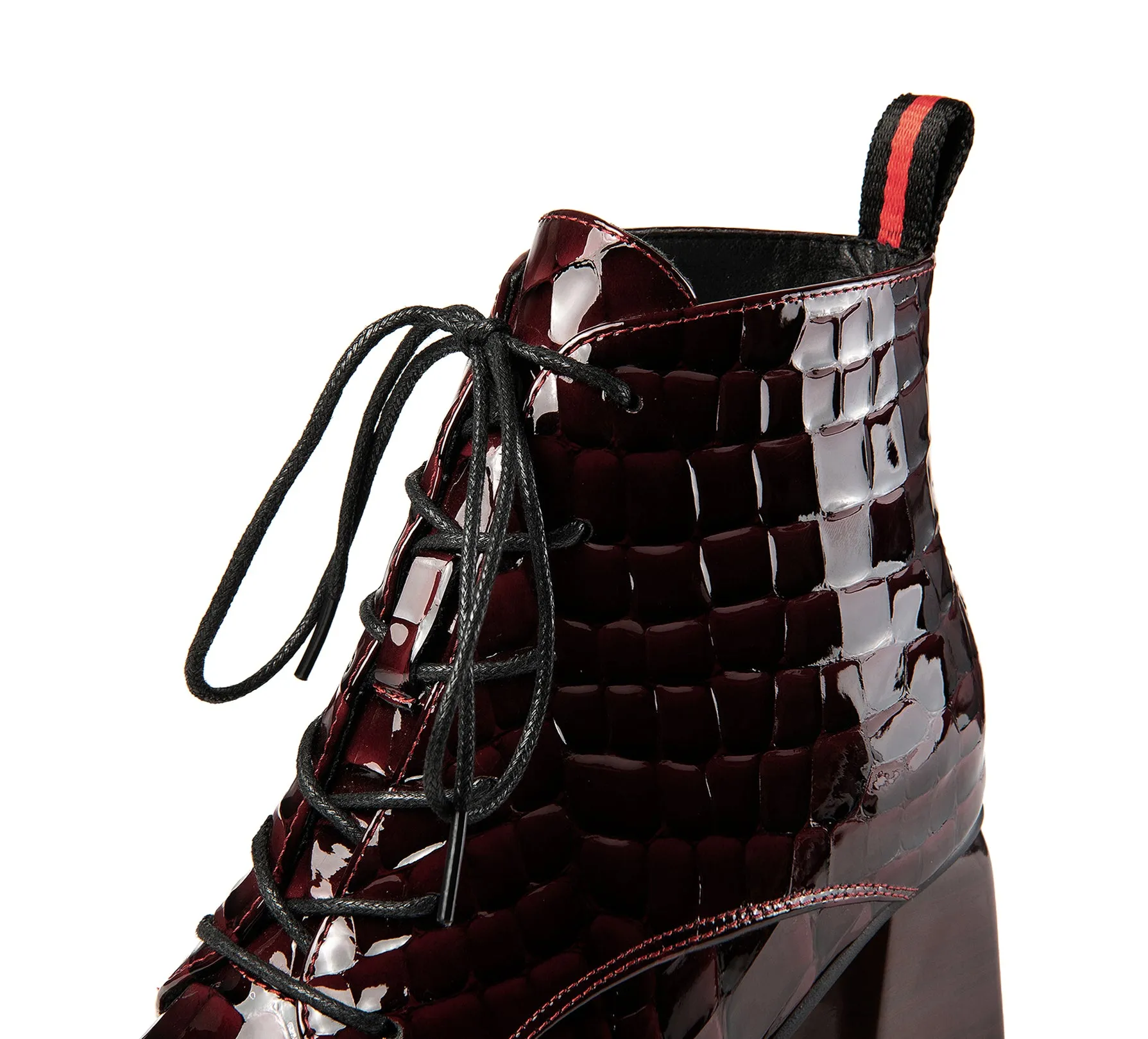 TinaCus Patent Leather Women's Handmade Pointed Toe Block Heel Lace Up Stylish Ankle Booties