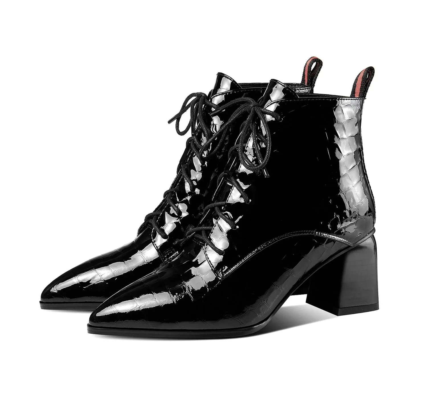 TinaCus Patent Leather Women's Handmade Pointed Toe Block Heel Lace Up Stylish Ankle Booties