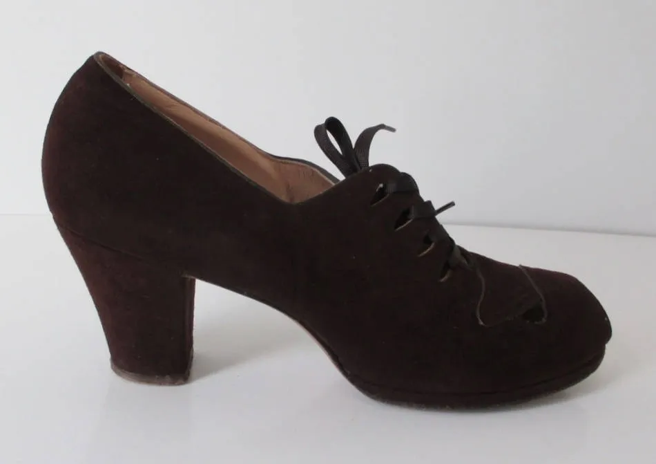 Vintage 30's 40's Brown Suede Lace Up Peep Toe Heels Shoes 8