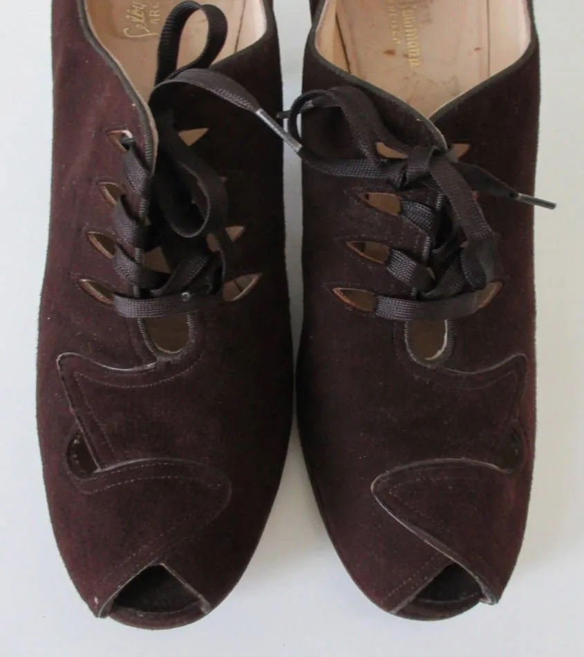 Vintage 30's 40's Brown Suede Lace Up Peep Toe Heels Shoes 8