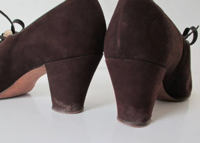 Vintage 30's 40's Brown Suede Lace Up Peep Toe Heels Shoes 8