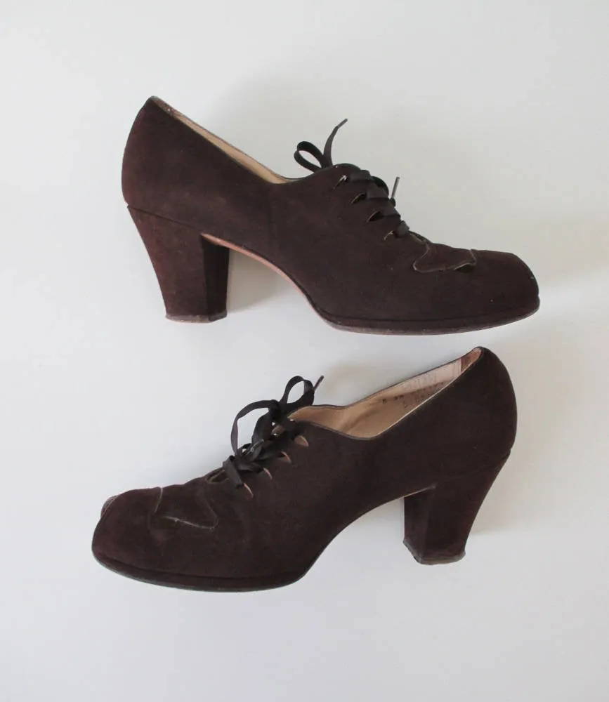 Vintage 30's 40's Brown Suede Lace Up Peep Toe Heels Shoes 8