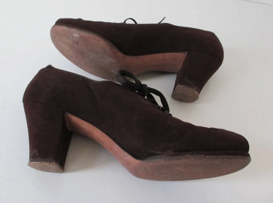 Vintage 30's 40's Brown Suede Lace Up Peep Toe Heels Shoes 8