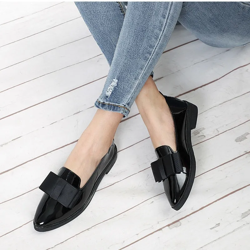 Women Shoes Bowtie Loafers Patent Leather Elegant Low Heels Slip On Footwear