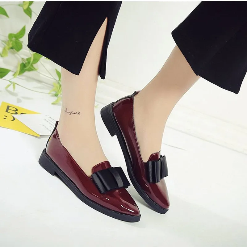 Women Shoes Bowtie Loafers Patent Leather Elegant Low Heels Slip On Footwear